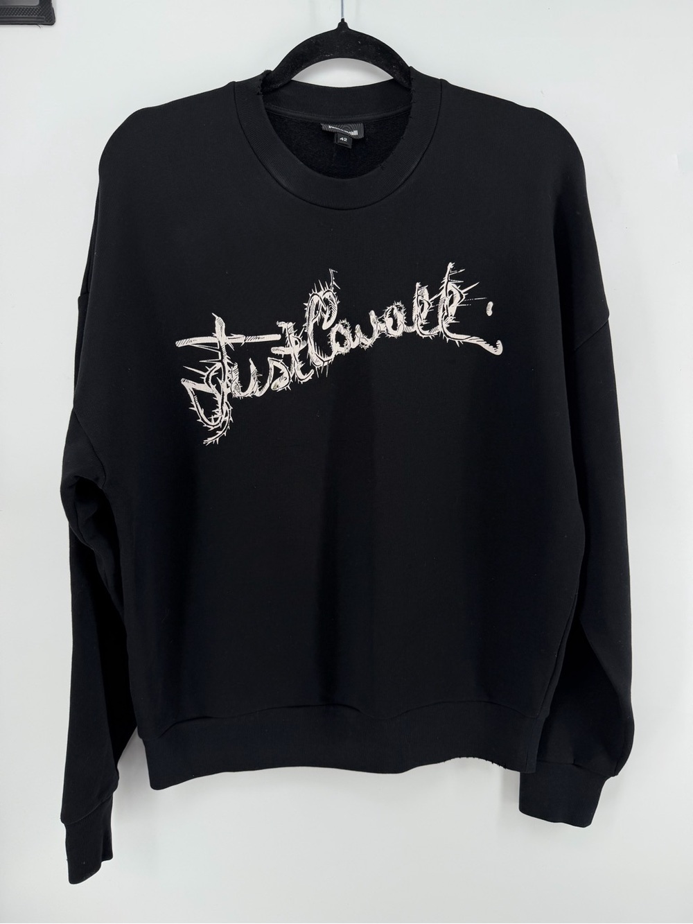Just Cavalli Black Gothic Logo Sweatshirt Women’s Size S Oversized Crewneck